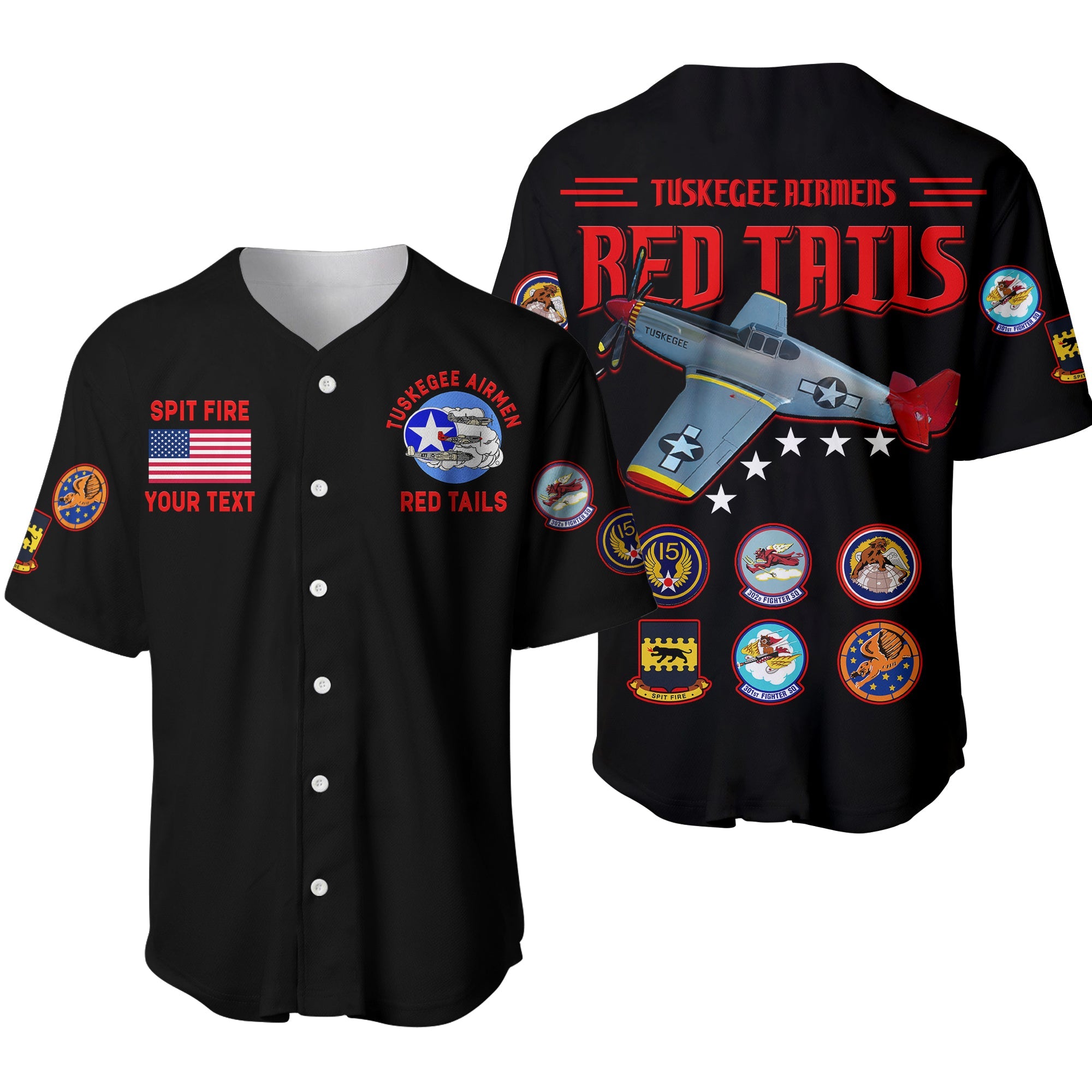 (Custom Personalised) Tuskegee Airmen Baseball Jersey US Military Black Red Tails Ver.01 LT13 - Wonder Print Shop