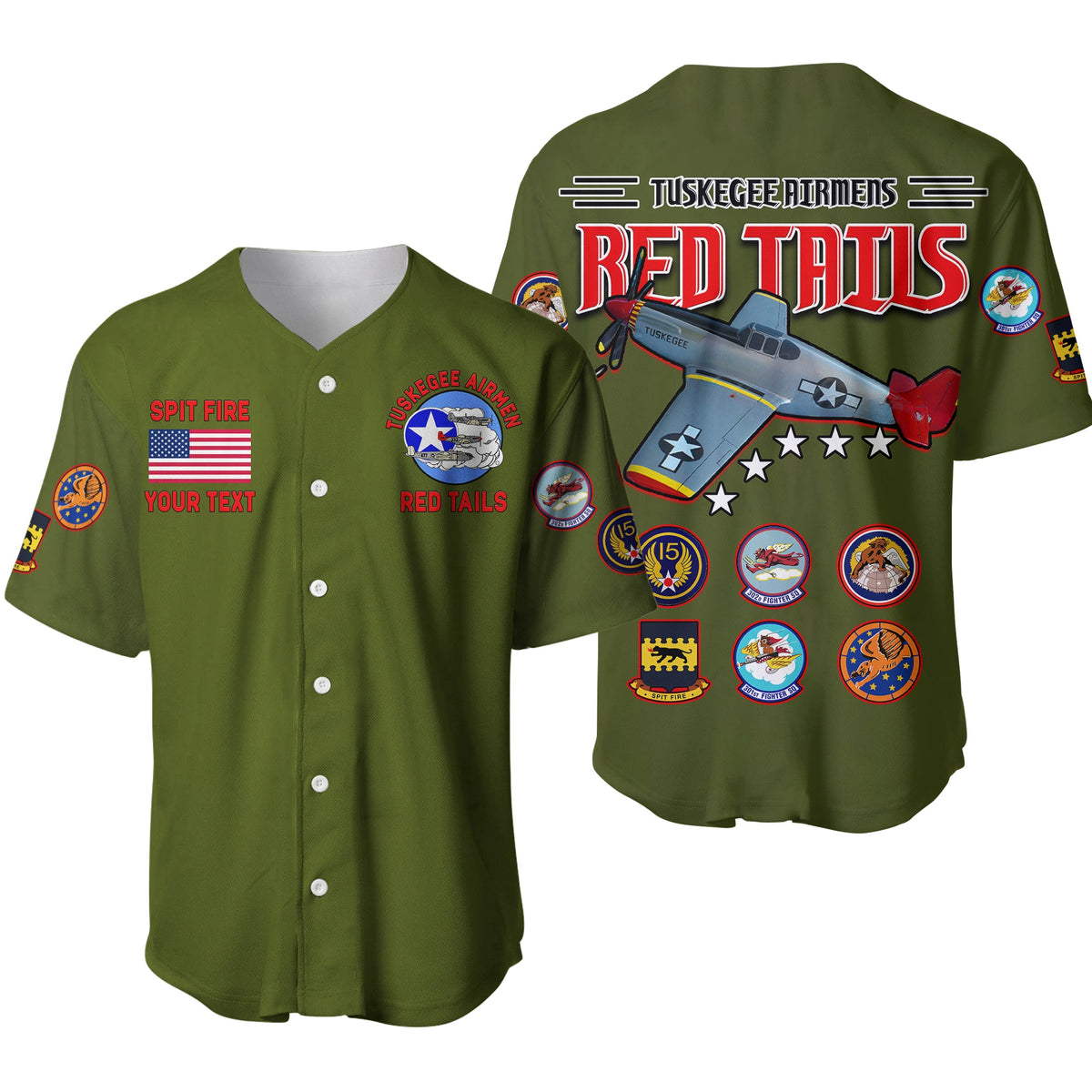 (Custom Personalised) Tuskegee Airmen Baseball Jersey US Military Army Green Red Tails Ver.01 LT13 - Wonder Print Shop