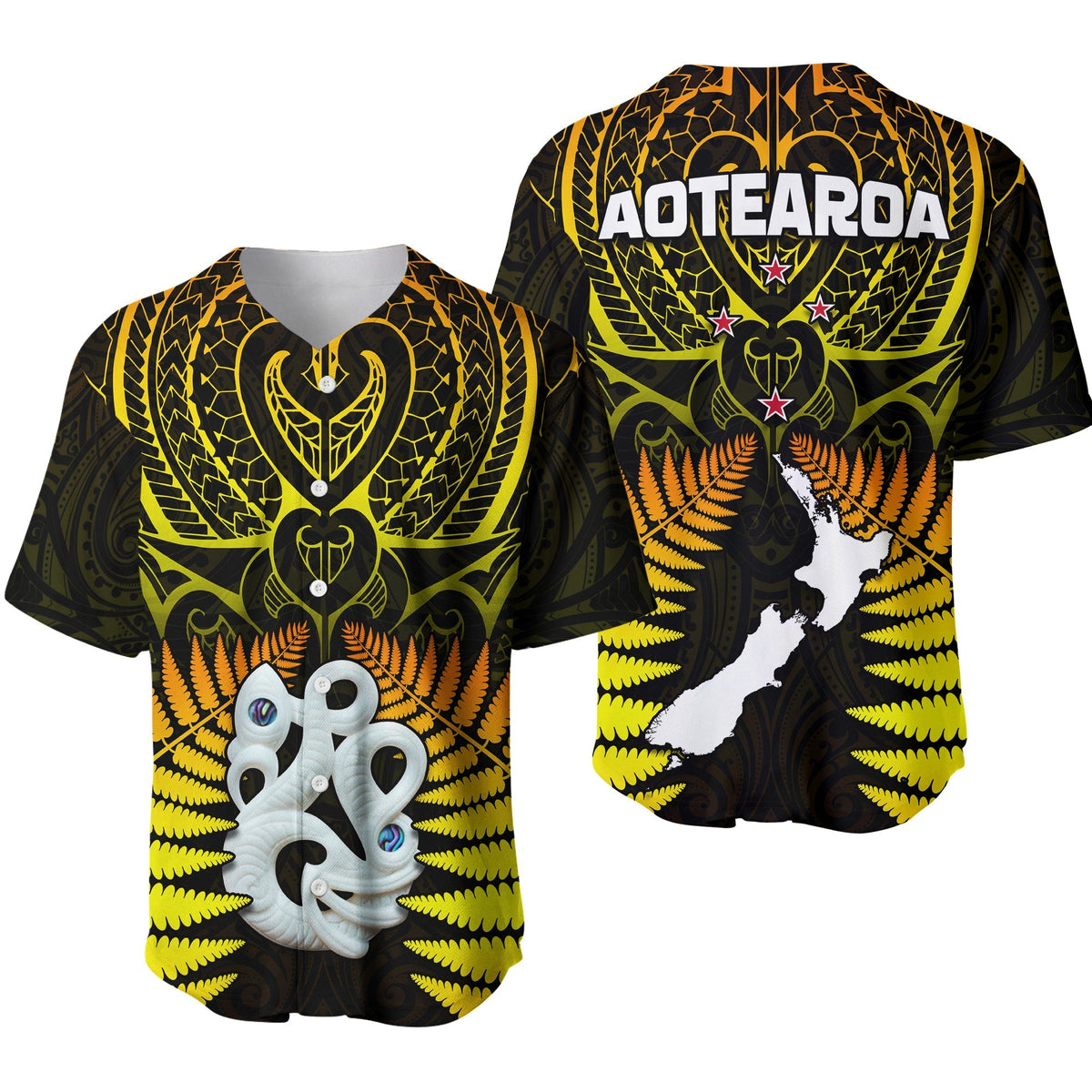 Aotearoa Fern Baseball Jersey New Zealand Hei Tiki Gold Style LT13 - Wonder Print Shop