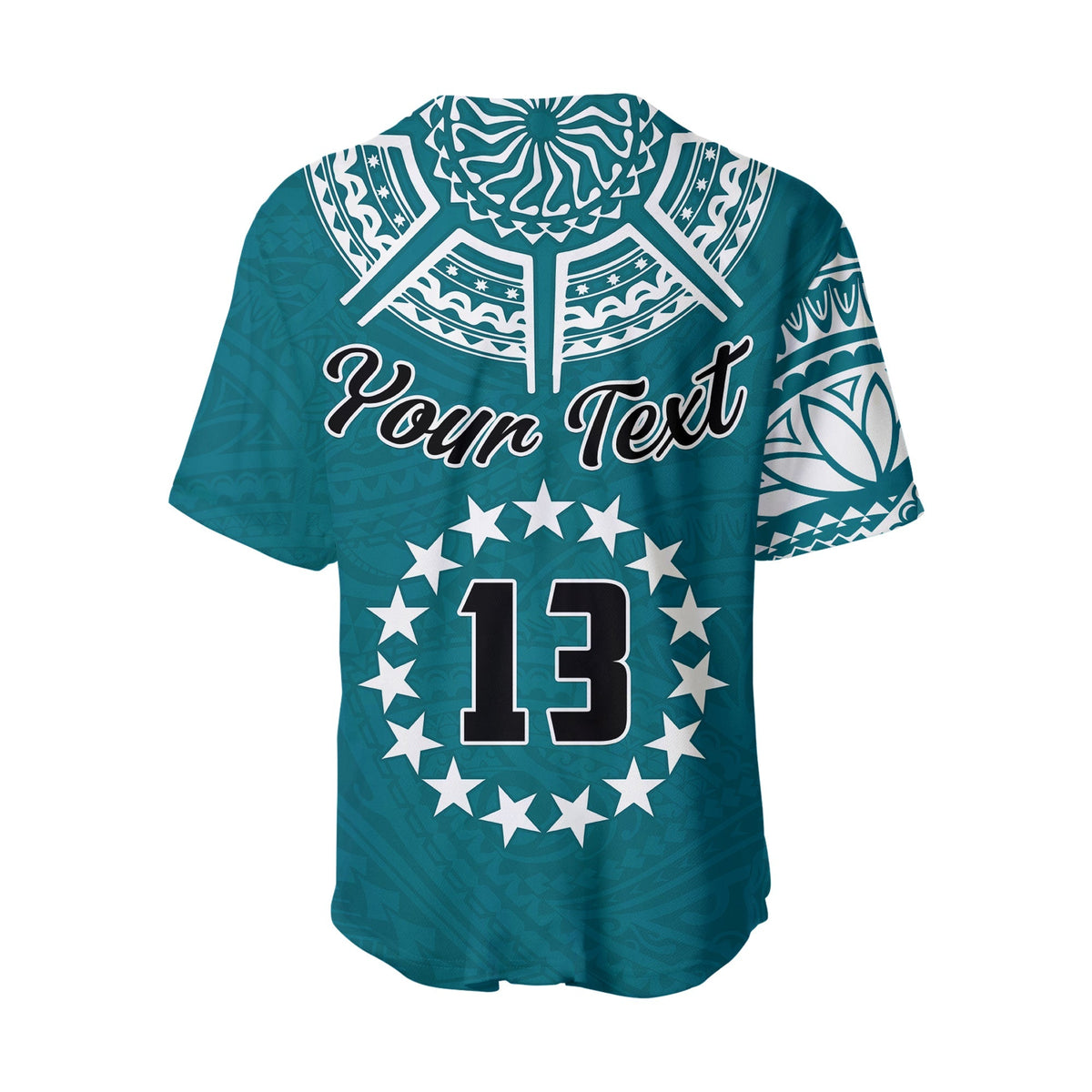 Blue Cook Islands baseball jersey, custom text and number 13 over starburst badge