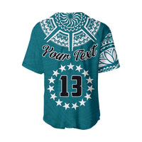 Blue Cook Islands baseball jersey, custom text and number 13 over starburst badge