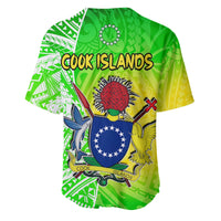Green baseball jersey back with “Cook Islands” and Polynesian crest with birds and sun