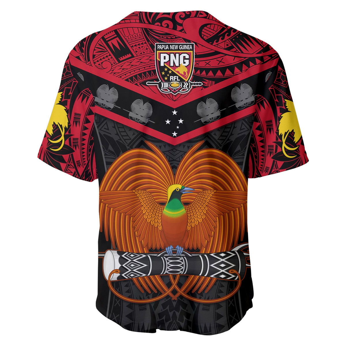Black PNG rugby baseball jersey back with PNG crest and large bird-of-paradise artwork