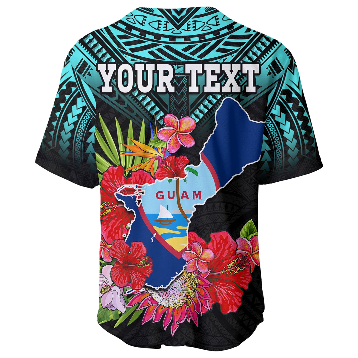 Custom Personalised Guam Chamorro Baseball Jersey Guaman Latte Stone Tropical Flowers Turquoise Style - Wonder Print Shop