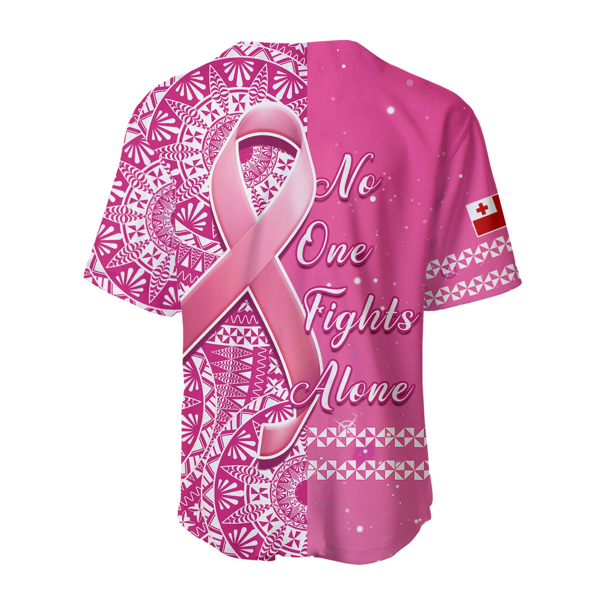 Tonga Breast Cancer Baseball Jersey Tongan Ngatu Pattern No One Fights Alone - Wonder Print Shop