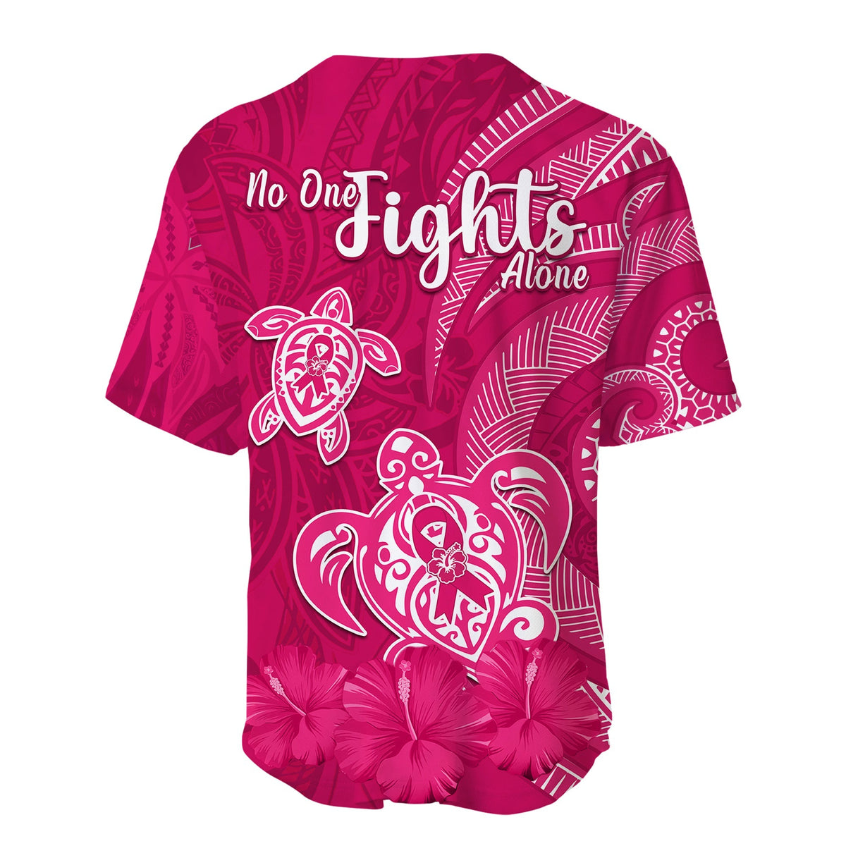 Breast Cancer Awareness Baseball Jersey Hibiscus Polynesian No One Fights Alone LT13 - Wonder Print Shop
