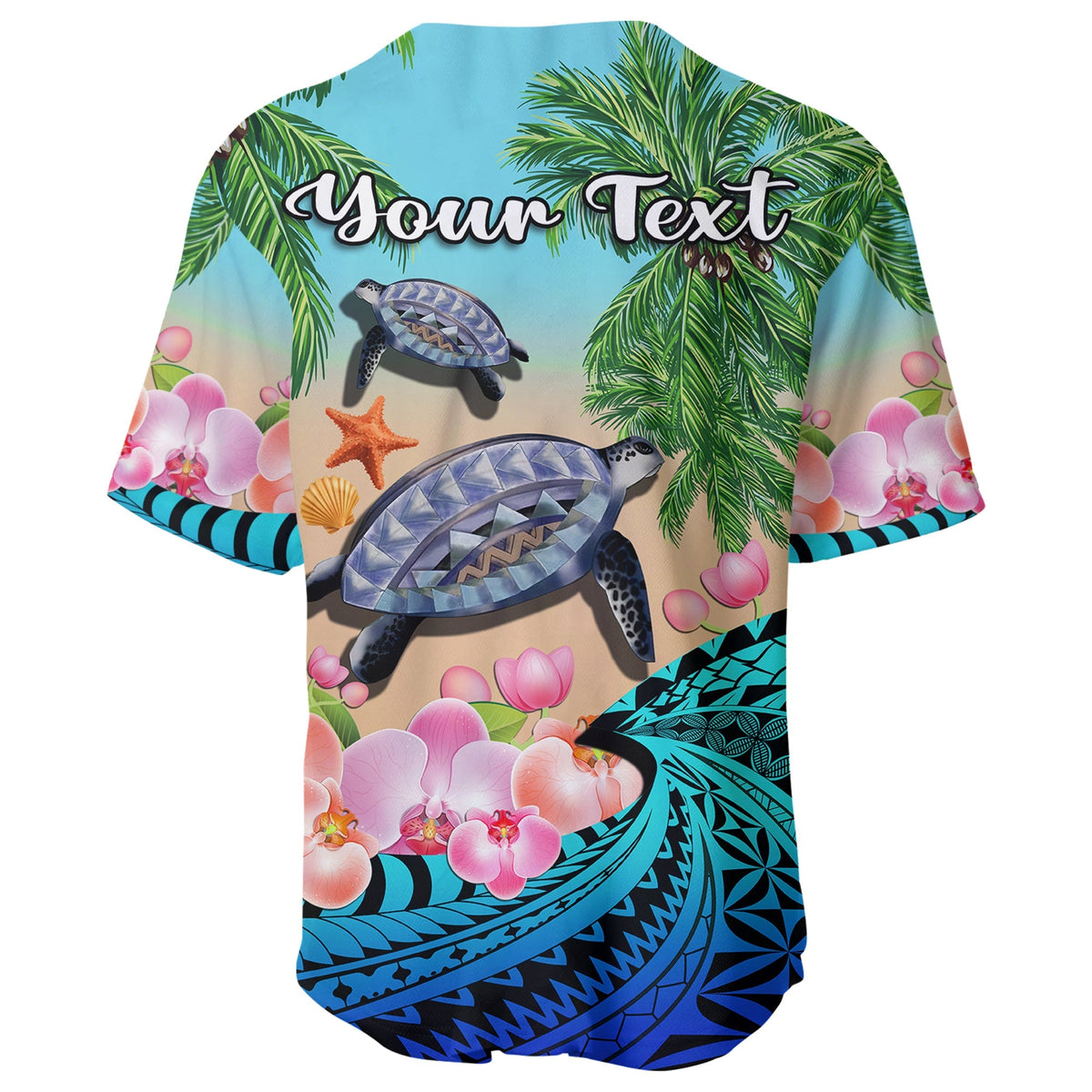 Custom Personalised Polynesian Turtle Coconut Tree And Orchids Baseball Jersey - Wonder Print Shop