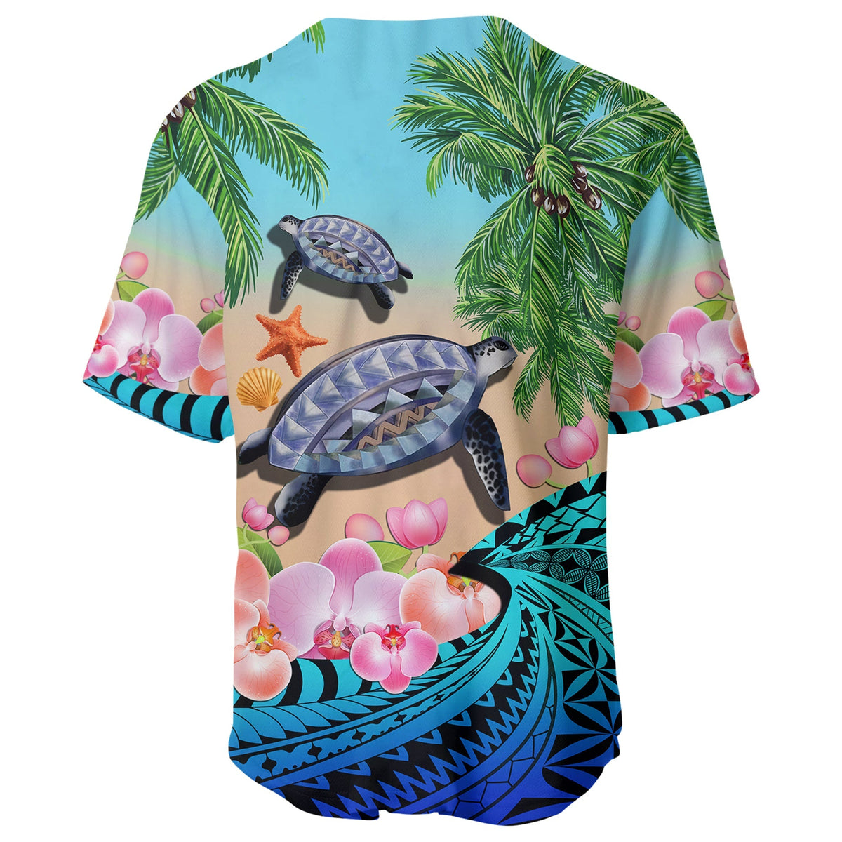 Polynesian Turtle Coconut Tree And Orchids Baseball Jersey - Wonder Print Shop