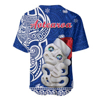 Blue baseball jersey with Aotearoa text and Hei Tiki Santa hat graphic