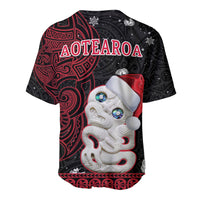 Red/black baseball jersey with AOTEAROA text and hei tiki Santa-style graphic