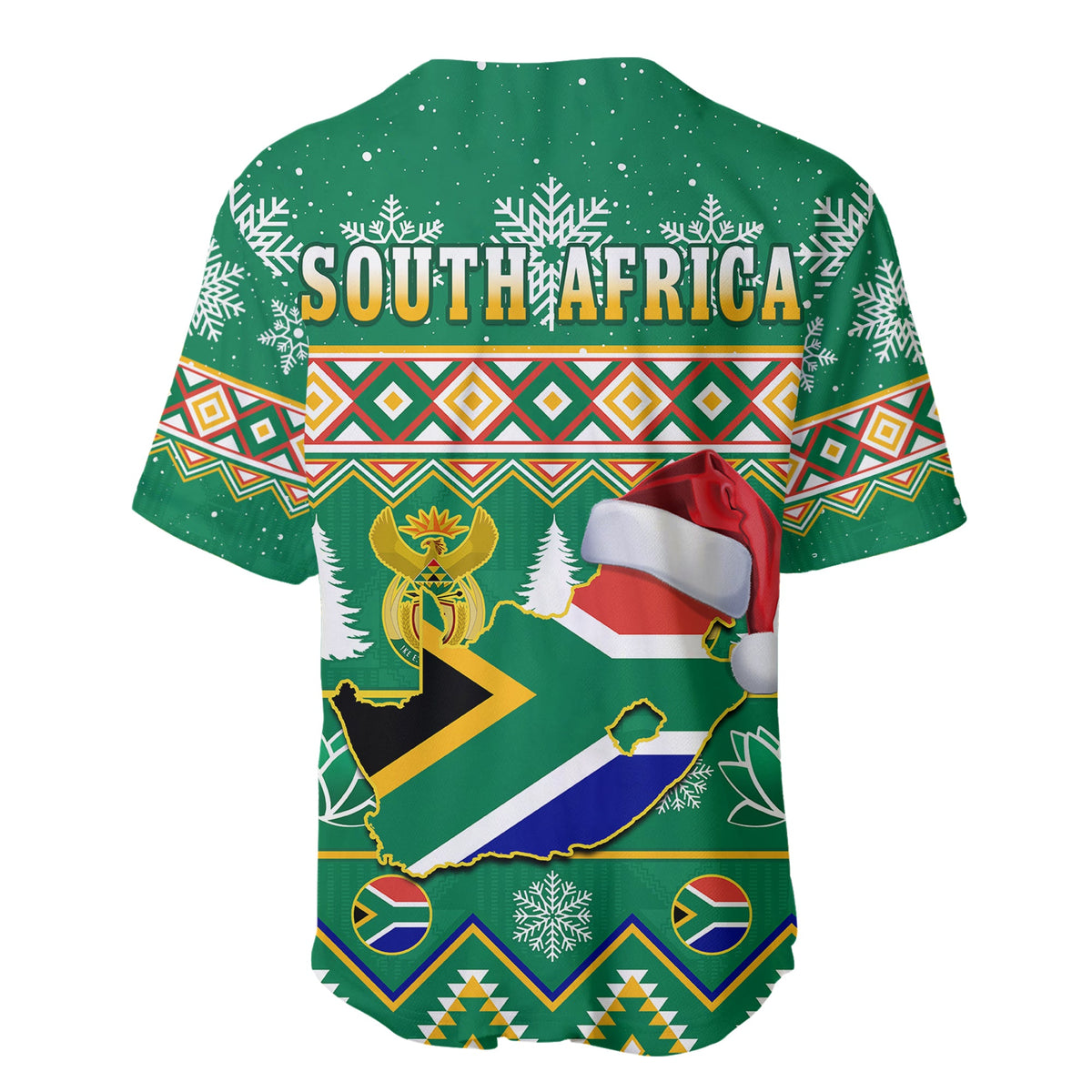 Green Christmas baseball jersey: 'SOUTH AFRICA' back print, snowflakes, flag and holiday border