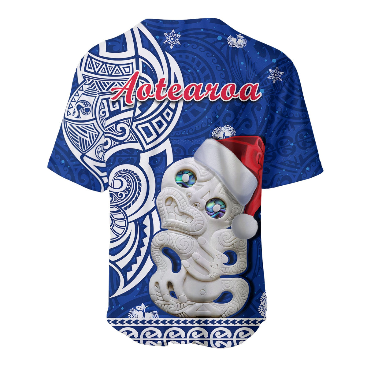 Blue baseball jersey with 'Aotearoa' text, tribal pattern, white face with red hat graphic