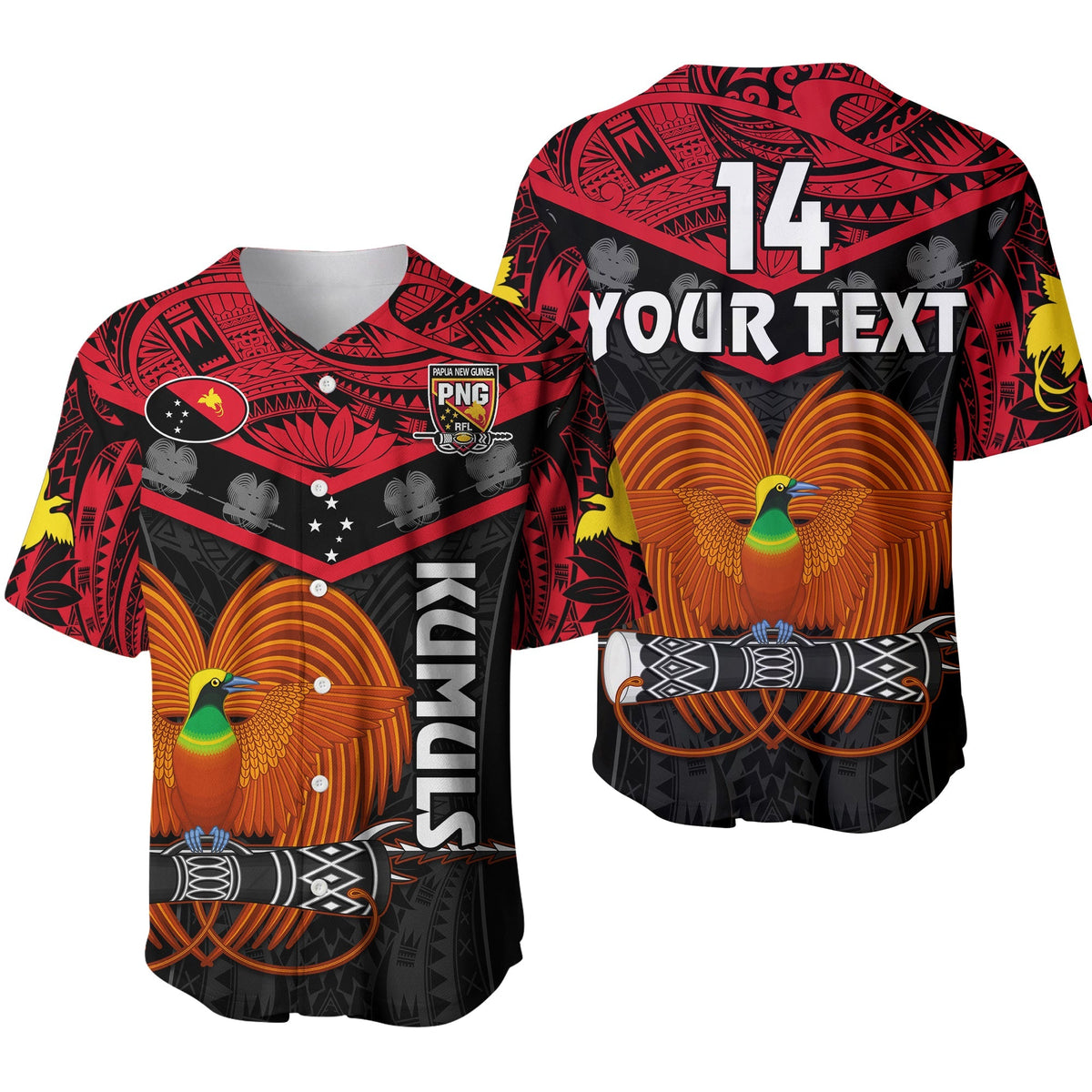 Custom Text And Number Papua New Guinea Rugby Baseball Jersey PNG Kumuls Bird Of Paradise Black - Wonder Print Shop