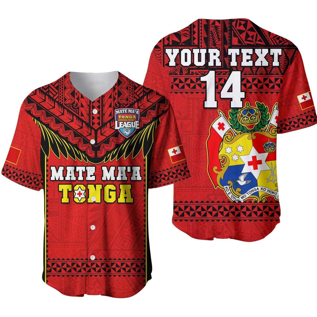 Custom Text And Number Tonga Rugby Baseball Jersey Mate Maa Tonga Pacific Ngatu Black - Wonder Print Shop