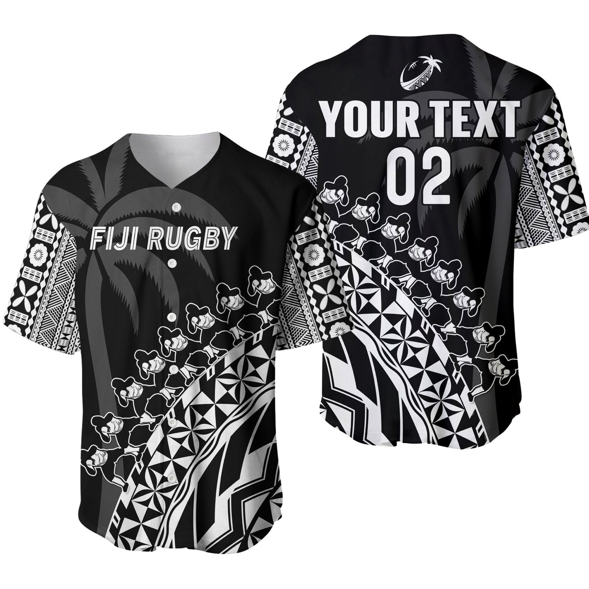 Custom Text And Number Fiji Rugby Baseball Jersey Fijian Cibi Dance Tapa Pattern Black - Wonder Print Shop