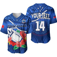Blue rugby baseball jersey: MANU SAMOA, hibiscus flowers, crest, red flag patch