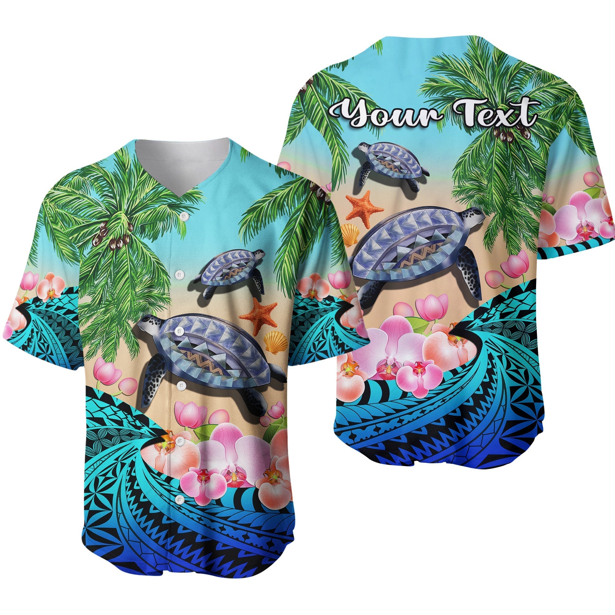 Custom Personalised Polynesian Turtle Coconut Tree And Orchids Baseball Jersey - Wonder Print Shop