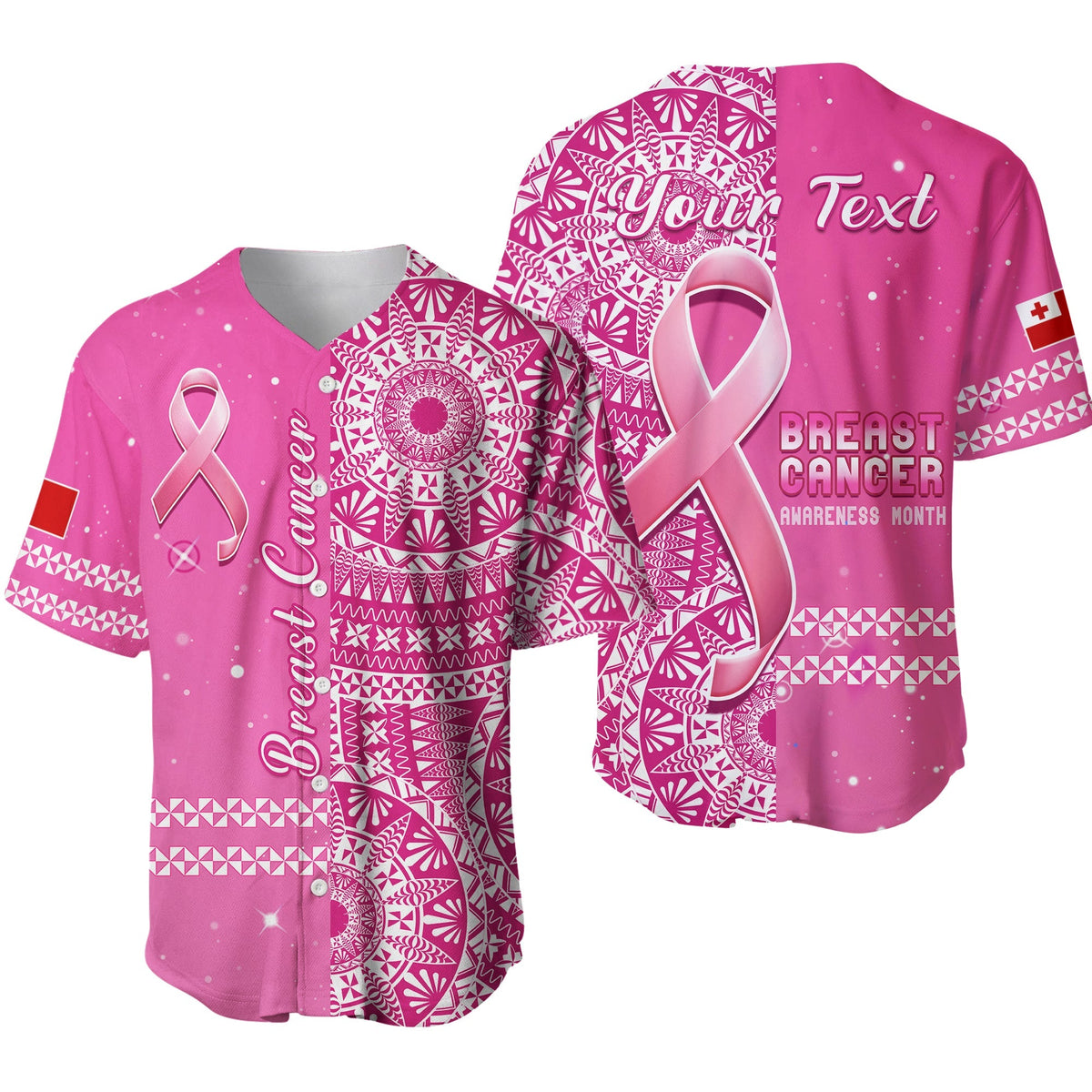 Custom Personalised Tonga Breast Cancer Baseball Jersey Tongan Ngatu Pattern No One Fights Alone - Wonder Print Shop