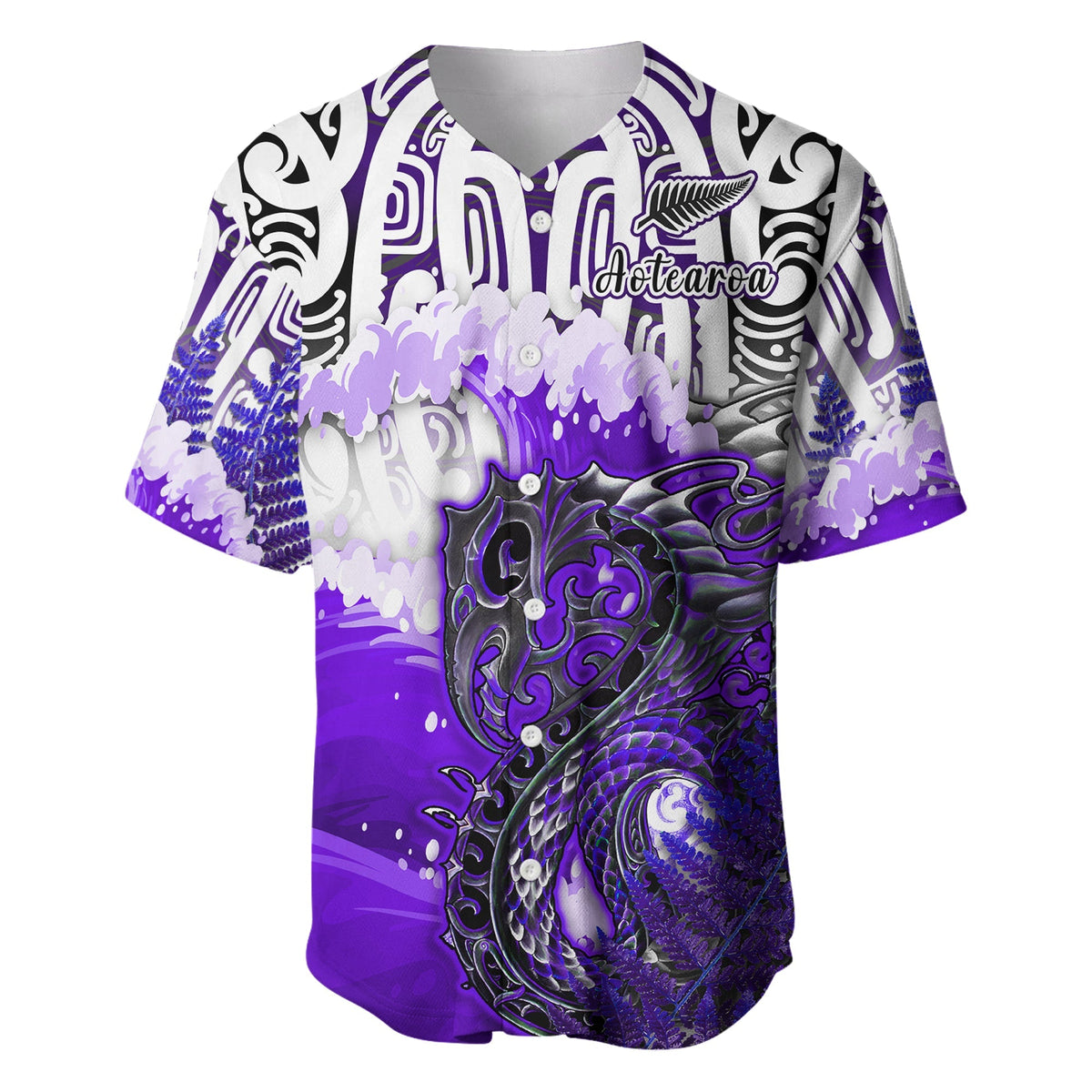 Custom Personalised Manaia Maori Baseball Jersey Fern Aotearoa Purple Waves LT13 - Wonder Print Shop