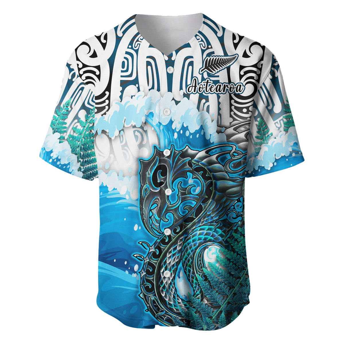 Custom Personalised Manaia Maori Baseball Jersey Fern Aotearoa Blue Waves LT13 - Wonder Print Shop