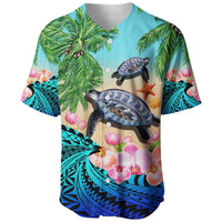 Front view blue button-up baseball jersey with turtles, orchids, starfish and palms