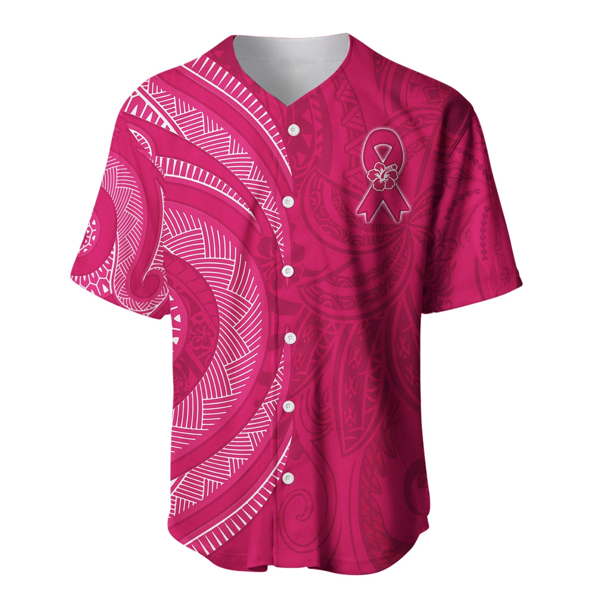 Custom Personalised Breast Cancer Awareness Baseball Jersey Hibiscus Polynesian No One Fights Alone LT13 - Wonder Print Shop