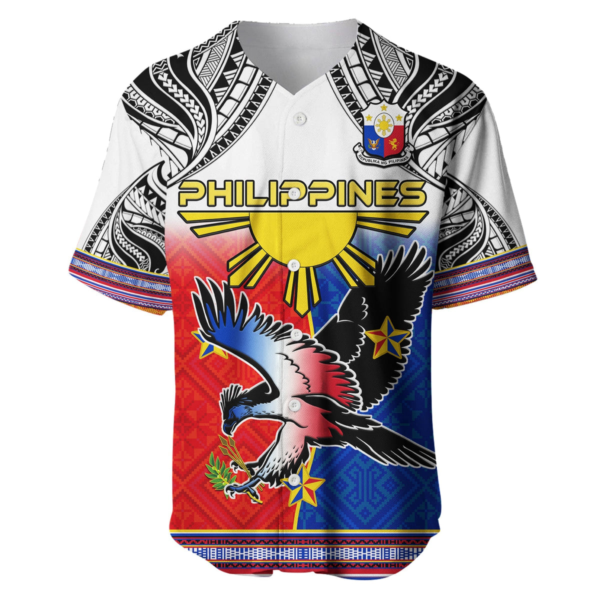 Philippines Baseball Jersey Polynesian Filipino Pattern With Eagle - Wonder Print Shop