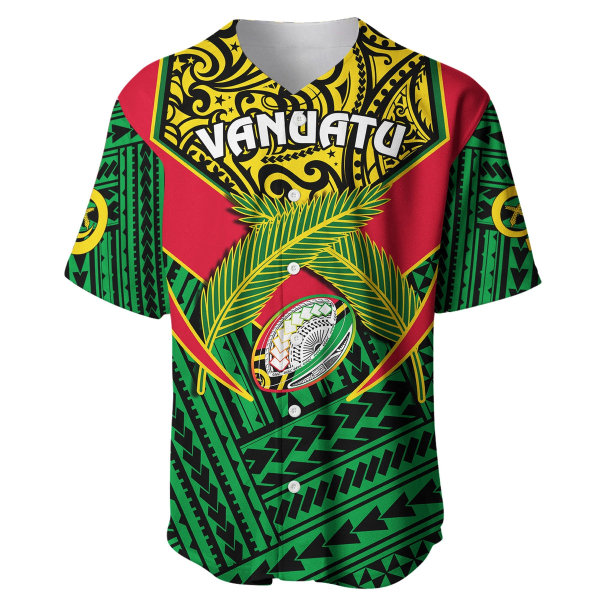 Custom Personalised Vanuatu Rugby Baseball Jersey Coat Of Arms Polynesian Pattern - Wonder Print Shop