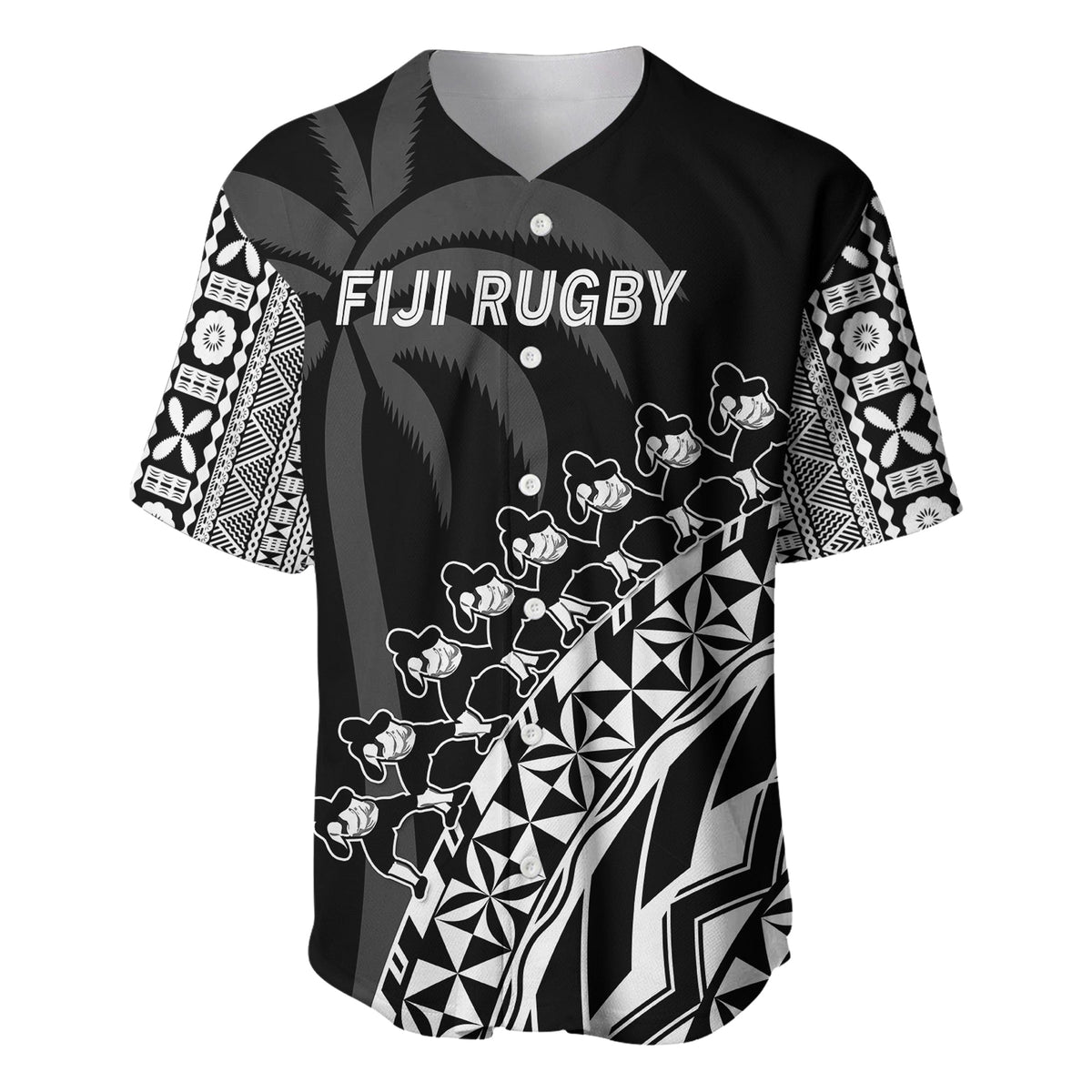 Custom Text And Number Fiji Rugby Baseball Jersey Fijian Cibi Dance Tapa Pattern Black - Wonder Print Shop