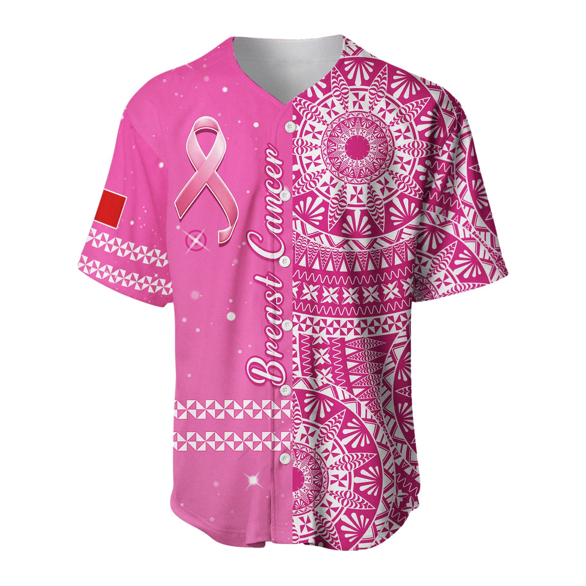 Tonga Breast Cancer Baseball Jersey Tongan Ngatu Pattern No One Fights Alone - Wonder Print Shop