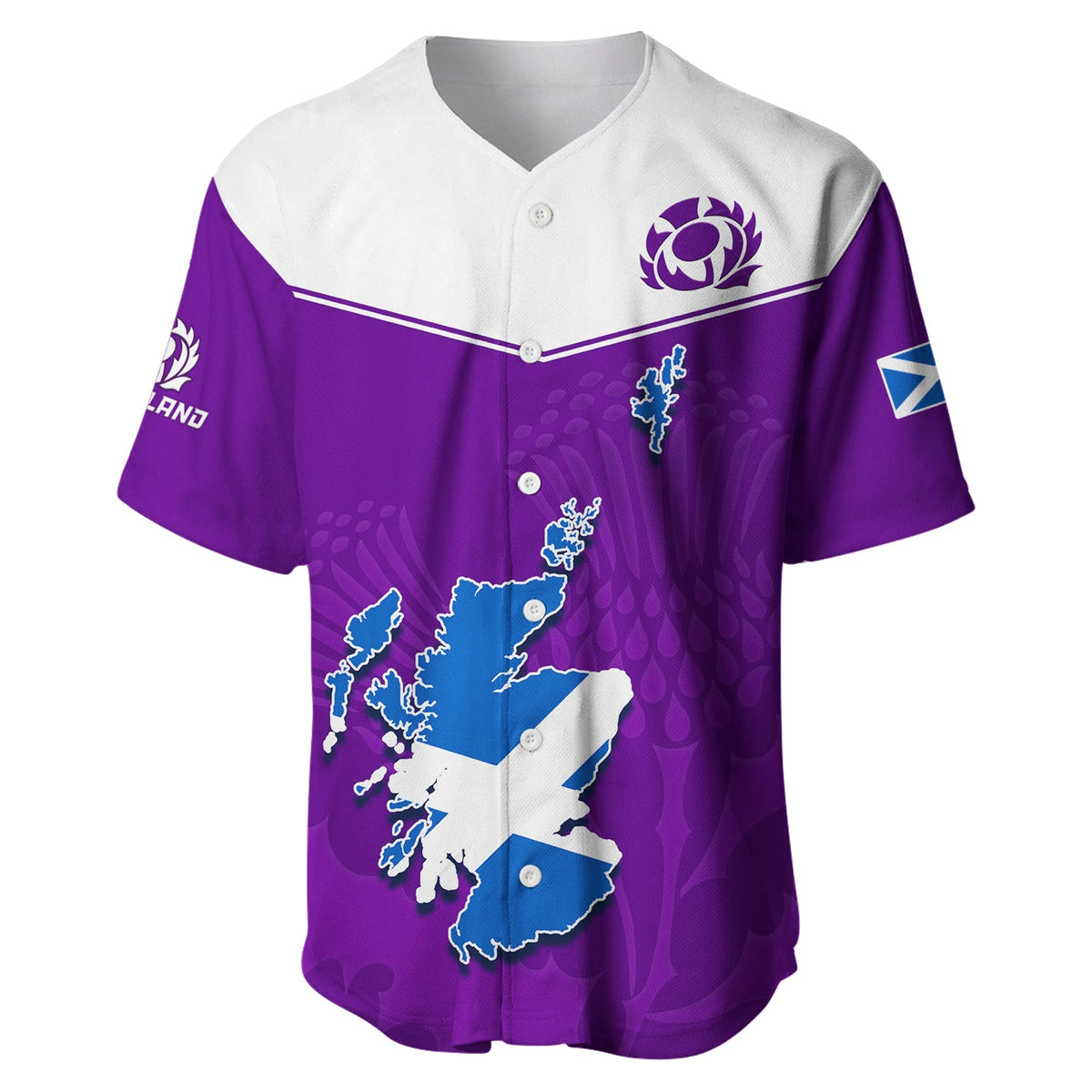 Purple baseball jersey front with Scotland map, blue flag icons, thistle crest