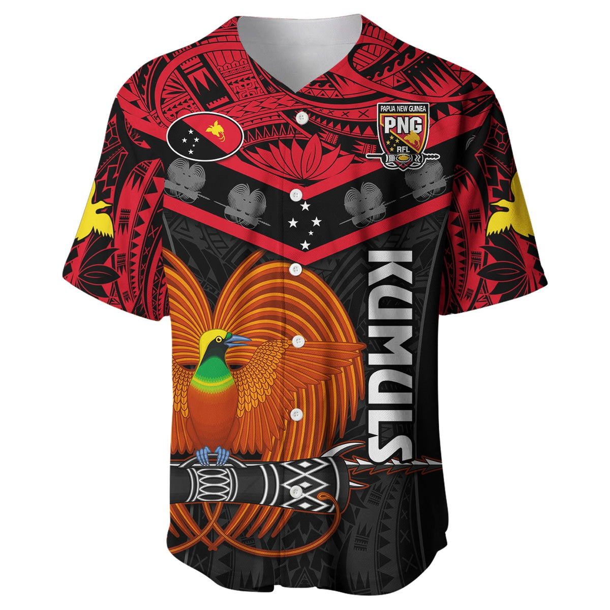 Custom Text And Number Papua New Guinea Rugby Baseball Jersey PNG Kumuls Bird Of Paradise Black - Wonder Print Shop