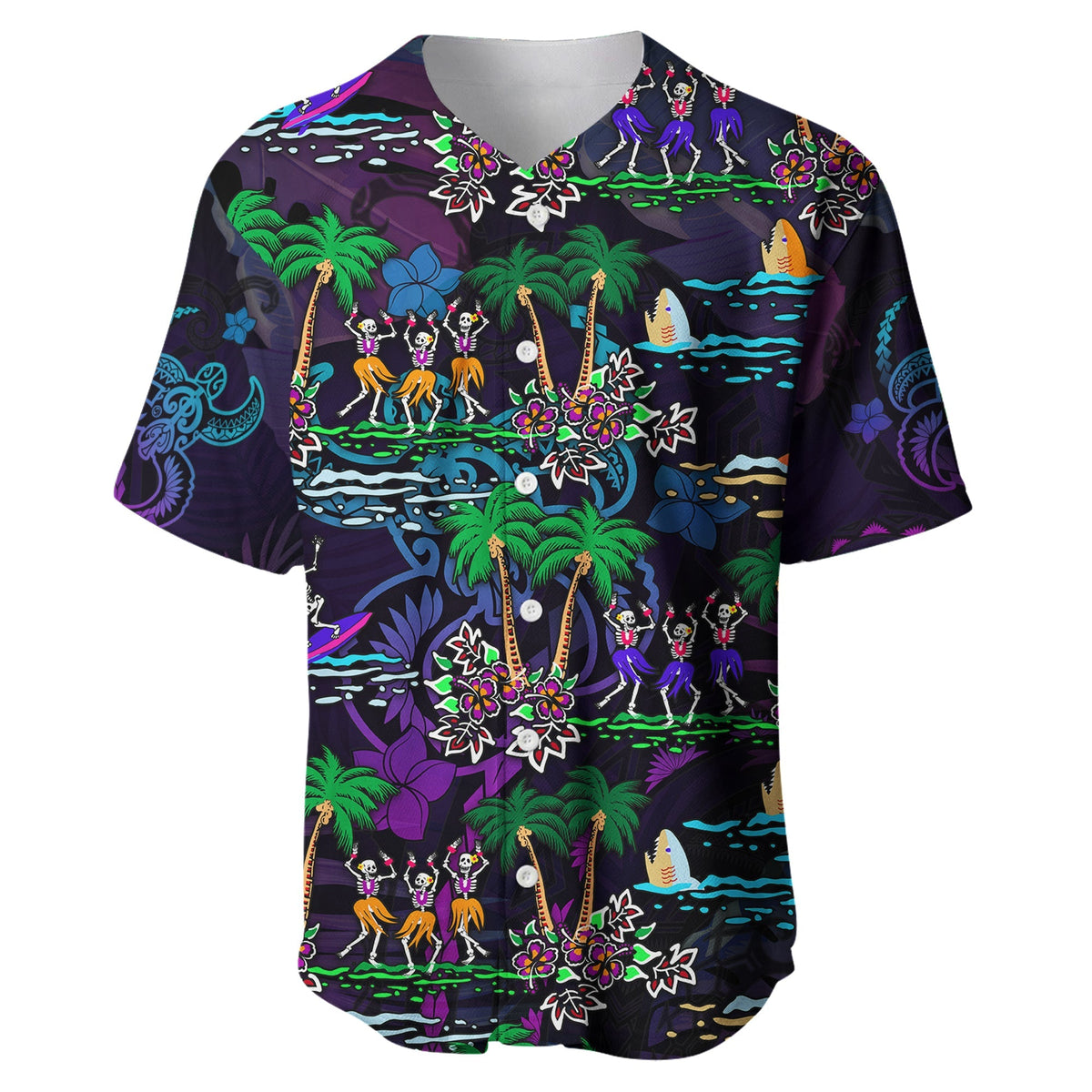 Custom Personalised Hawaii Skeleton Dancing Baseball Jersey Halloween Hawaiian Turtle LT13 - Wonder Print Shop