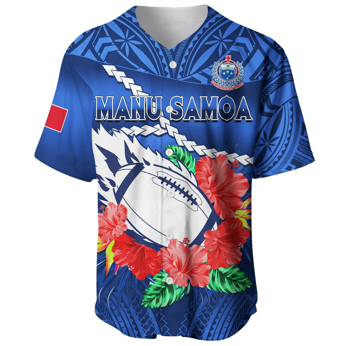 Blue Samoa rugby baseball jersey front with MANU SAMOA text, crest, floral hibiscus design