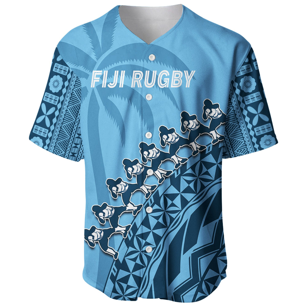 Custom Text And Number Fiji Tapa Rugby Baseball Jersey Fijian Cibi Dance Tapa Pattern Blue - Wonder Print Shop