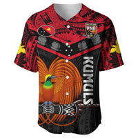 Black PNG rugby baseball jersey front with bird-of-paradise art, PNG crest, and KUMULS