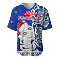 Blue V-neck baseball jersey with Hei Tiki Christmas graphic and red “Meri Kirihimete” text