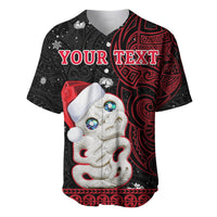 Baseball jersey front with large Santa-face graphic, red/black tribal swirls and snowflakes