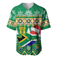 Green Christmas baseball jersey: 'GESEËNDE KERSFEES' graphic, snowflakes, flag and map