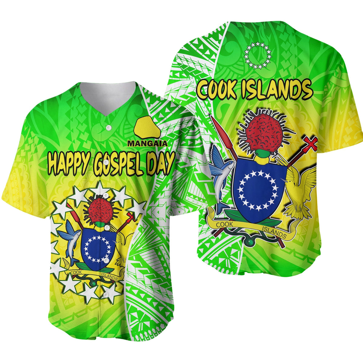 Happy Mangaia Gospel Day Baseball Jersey Cook Islands Coat of Arms Polynesian Pattern - Wonder Print Shop