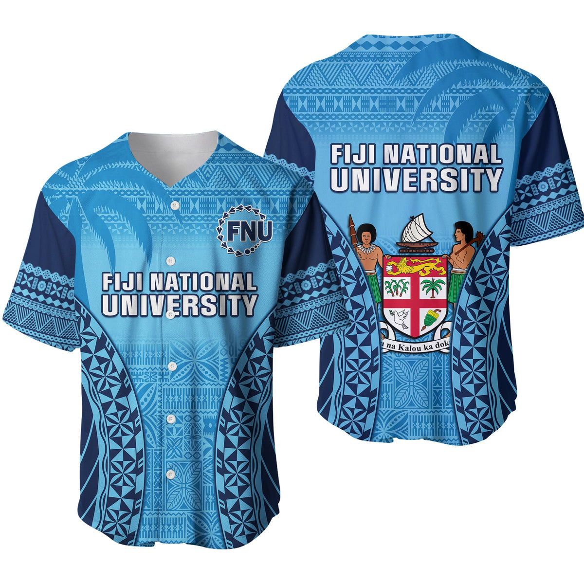 Fiji University Baseball Jersey National Fijian Tapa Pattern Blue Ver.01 - Wonder Print Shop