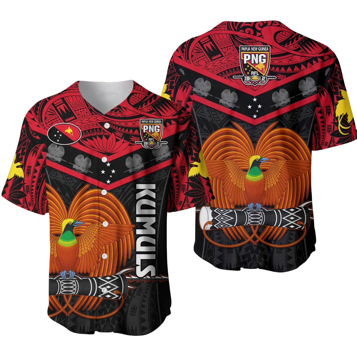 Papua New Guinea Rugby Baseball Jersey PNG Kumuls Bird Of Paradise Black - Wonder Print Shop
