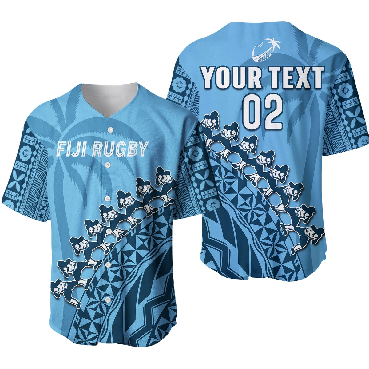 Custom Text And Number Fiji Tapa Rugby Baseball Jersey Fijian Cibi Dance Tapa Pattern Blue - Wonder Print Shop