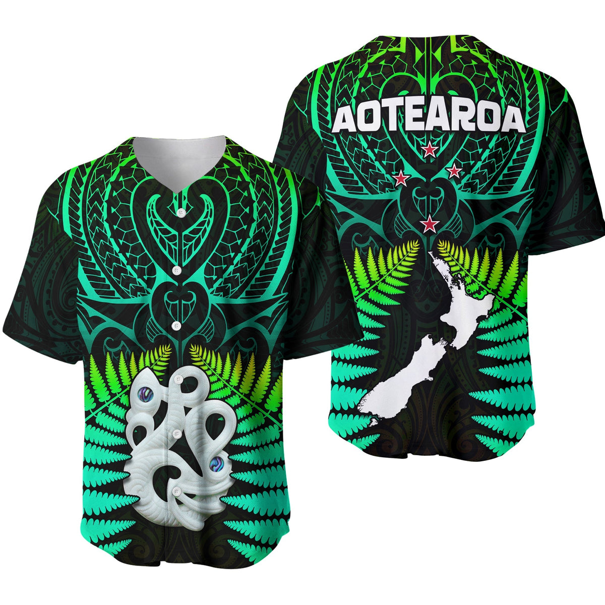 Aotearoa Fern Baseball Jersey New Zealand Hei Tiki Green Style LT13 - Wonder Print Shop
