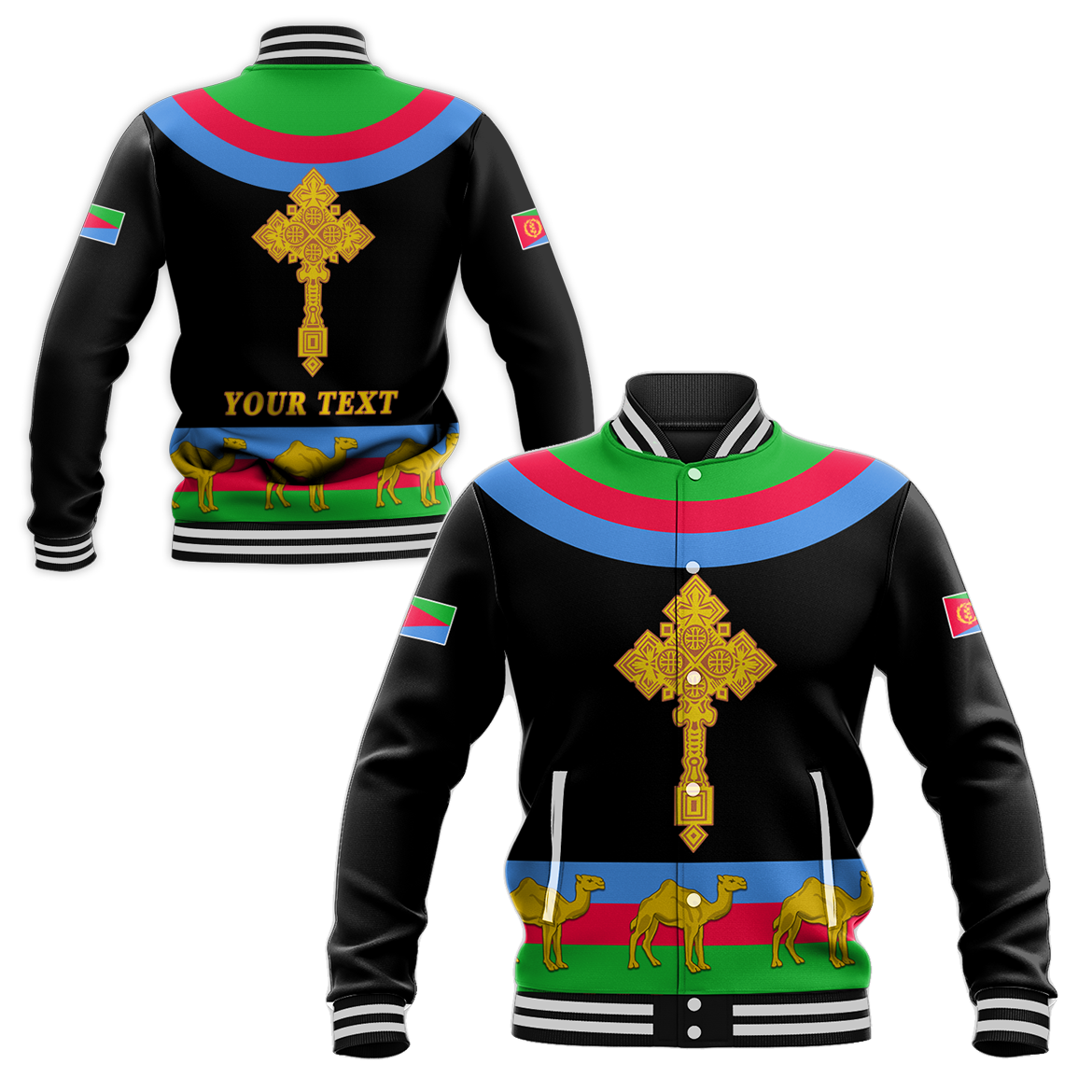 (Custom Personalised) Eritrea Baseball Jacket Cross Flag Camel Black LT13 - Wonder Print Shop