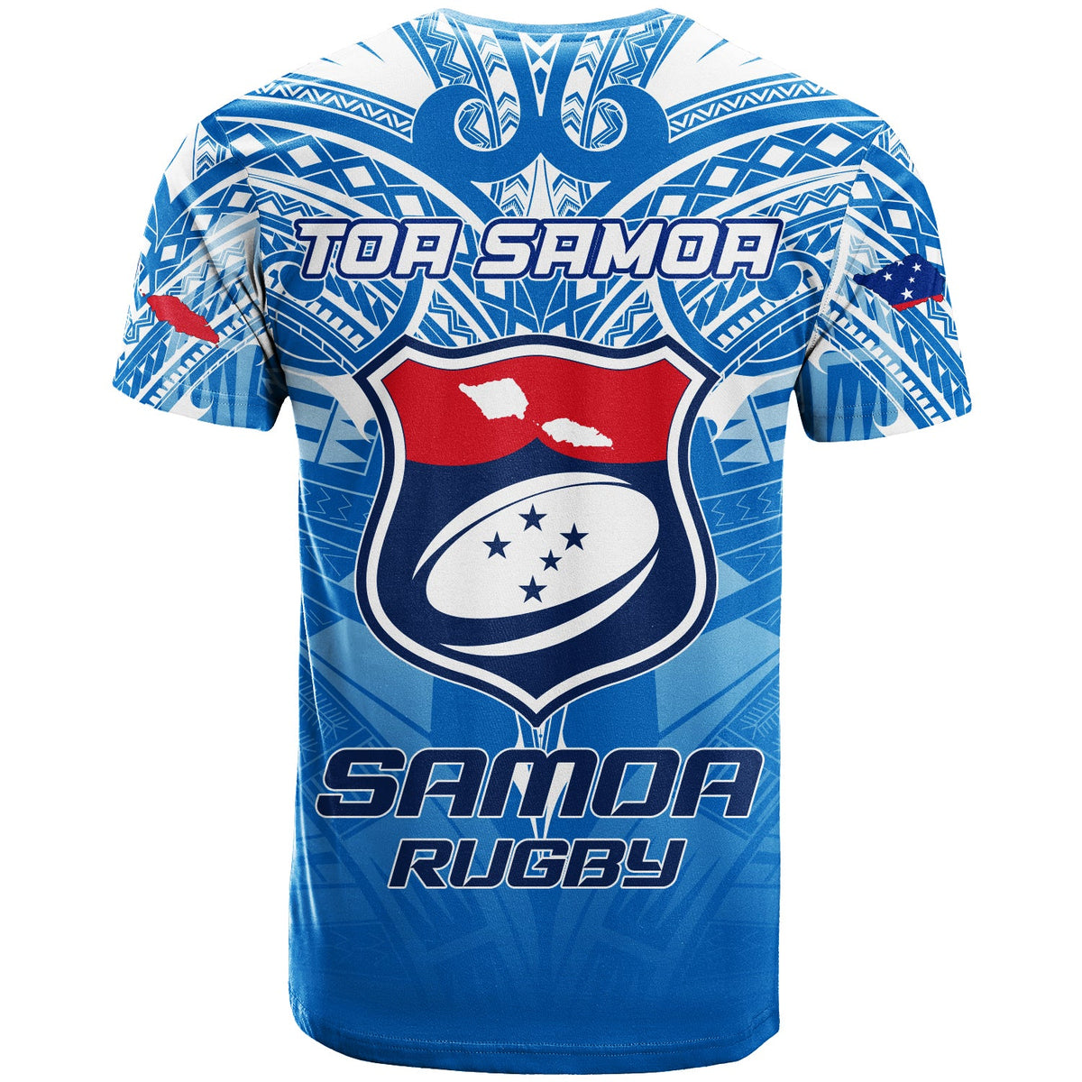 Blue rugby-style T-shirt with crew neck, short sleeves, TOA SAMOA and Samoa Rugby logo