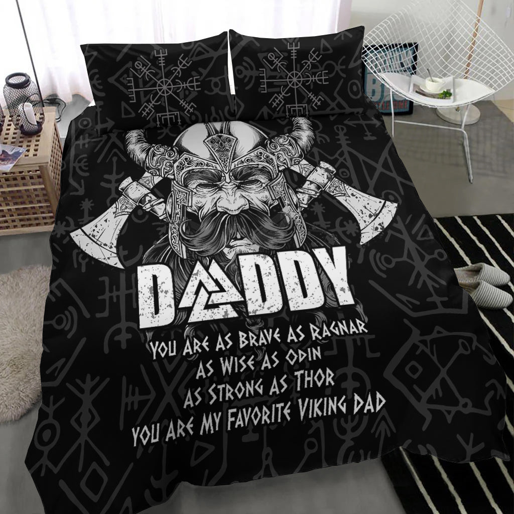 Black bedding set with Odin warrior face, runes, and large 'DADDY' text on comforter