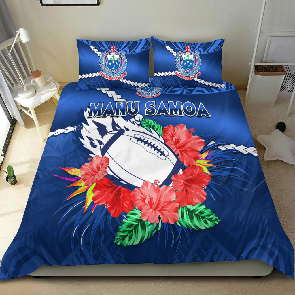 Samoa Rugby Bedding Set Manu Samoa Polynesian Hibiscus Blue Style - Wonder Print Shop