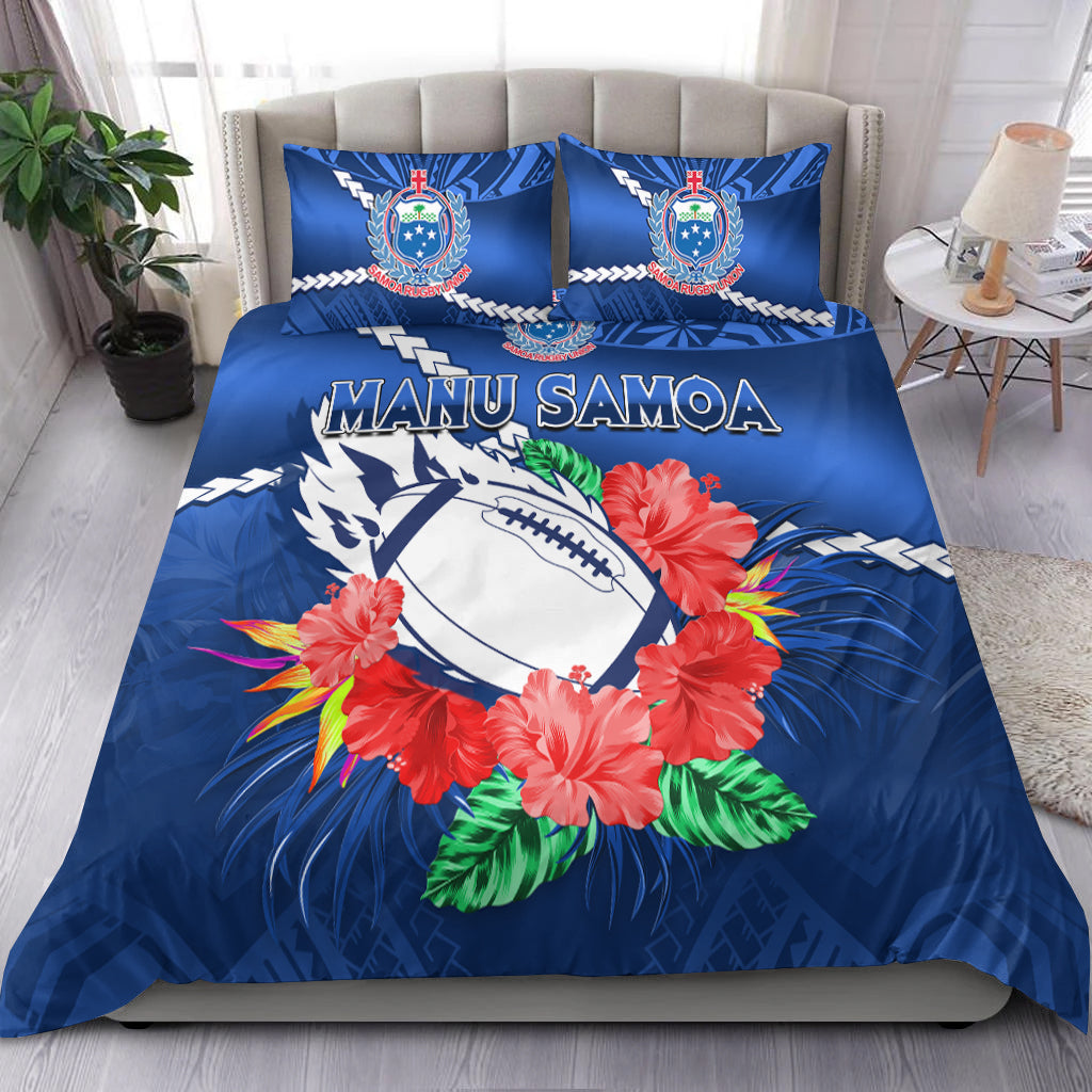 Samoa Rugby Bedding Set Manu Samoa Polynesian Hibiscus Blue Style - Wonder Print Shop