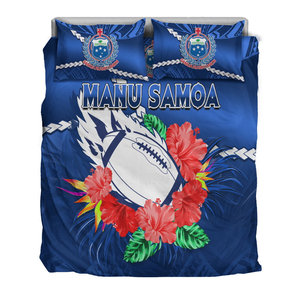 Samoa Rugby Bedding Set Manu Samoa Polynesian Hibiscus Blue Style - Wonder Print Shop